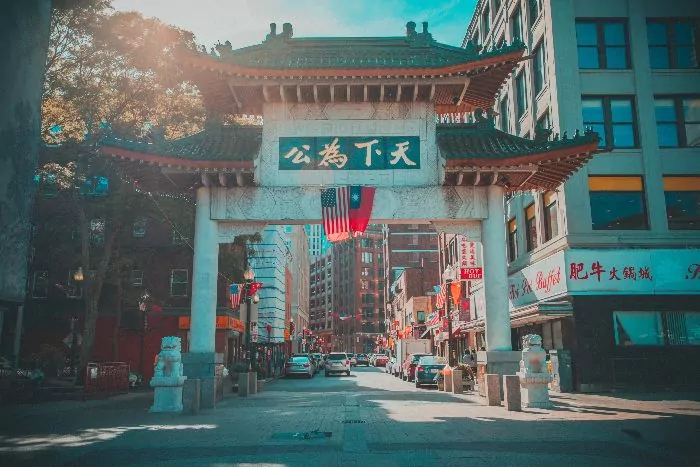 the gates of the entrance of Boston's Chinatown