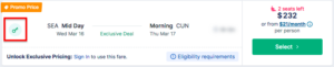 Student Discounted Flight Screenshot Before Sign In Seattle to Cancun