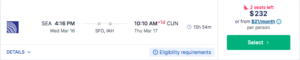 Screenshot of Student Discounted Flights from Seattle to Cancun