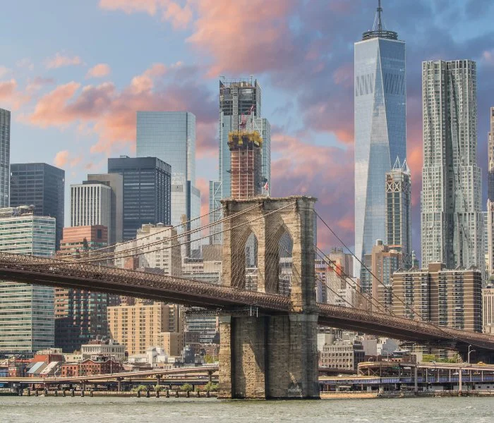 The Brooklyn Bridge and the buildings of the island of Manhattan