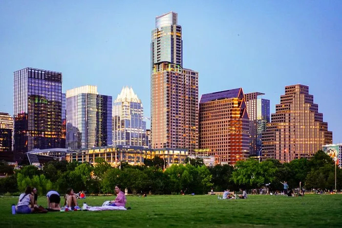 Downtown Austin and a field