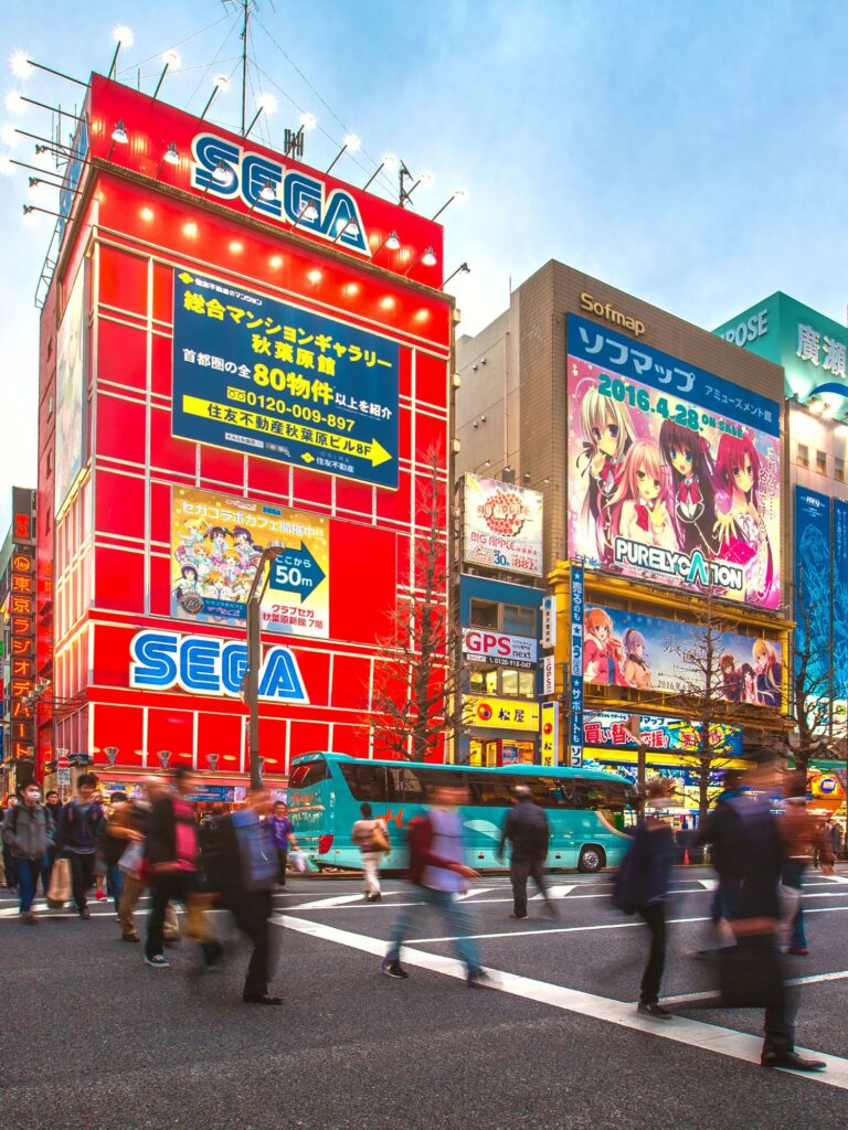 SEGA arcade in Akihabara, Tokyo, a must-visit for 'Persona 5' and 'Sonic the Hedgehog' fans, pulsating with the energy of Japan's gaming and anime capital.