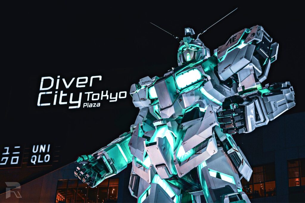 Giant Gundam statue at DiverCity Tokyo Plaza, an iconic sight for fans of the 'Mobile Suit Gundam' series.