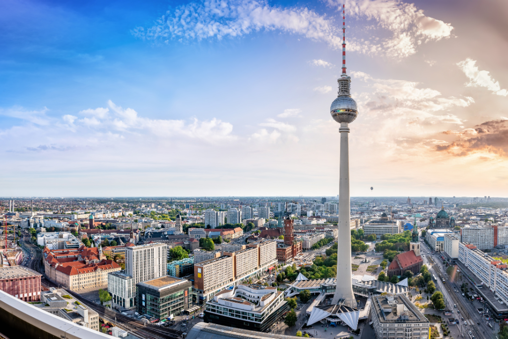Panoramic view of Berlin with the iconic Fernsehturm (TV Tower), representing dynamic work and study opportunities in a major European capital.