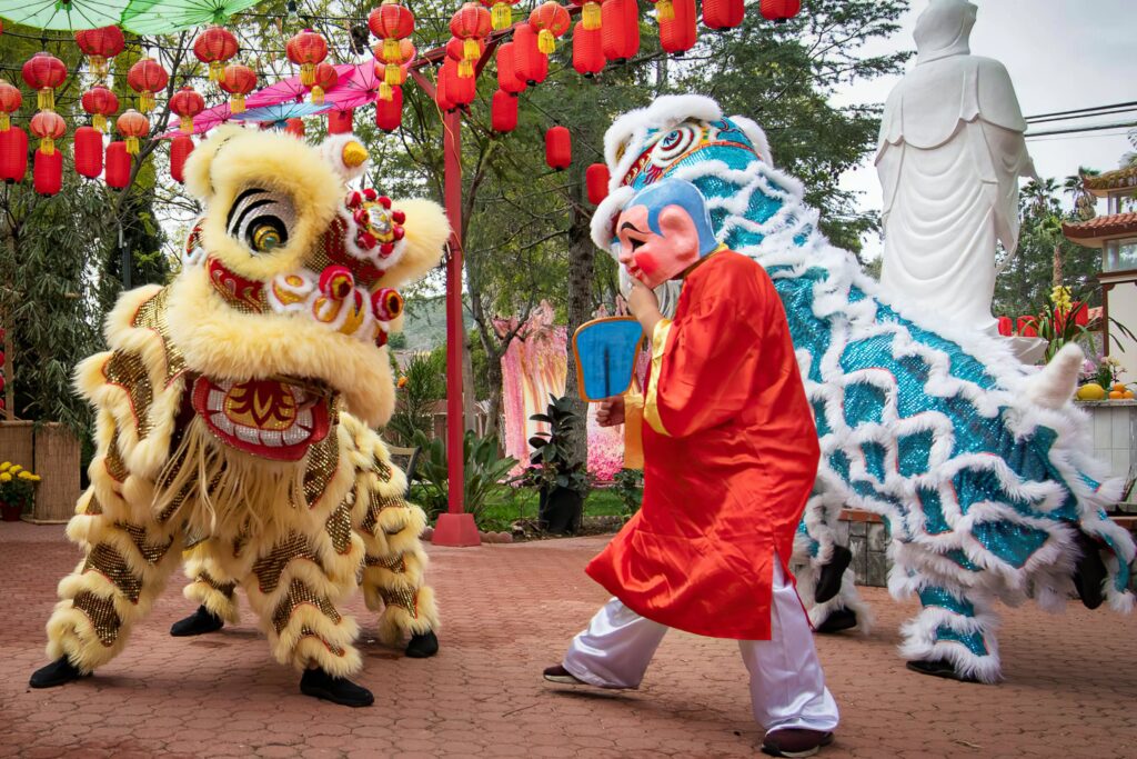 Lunar New Year lion dance performance, a cultural event for student travelers exploring traditional festivities in Asia.