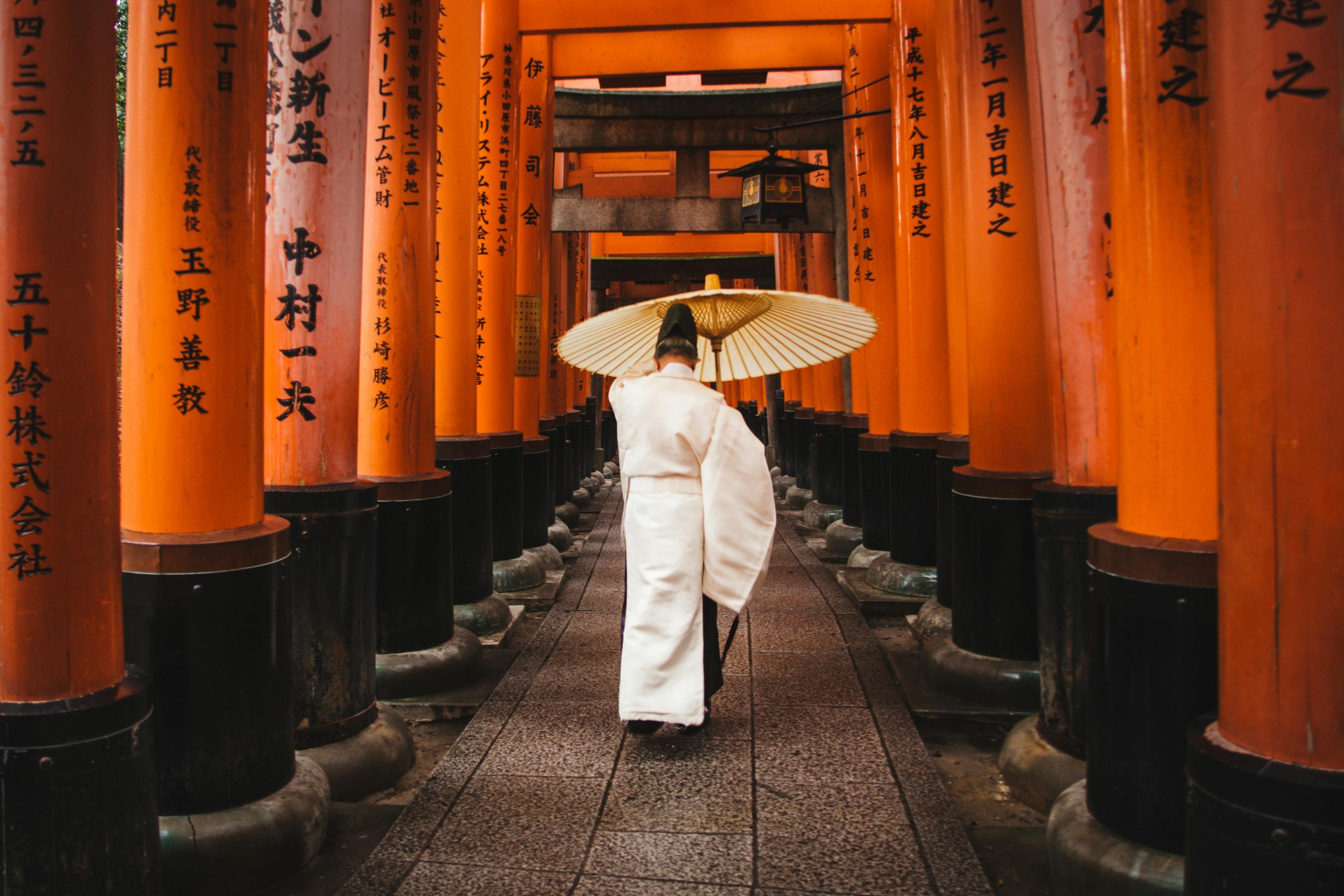 The image depicts a person dressed in traditional Japanese attire, walking through a path lined with vibrant orange torii gates. The individual holds a large, circular umbrella, and the columns of the gates are adorned with inscriptions in Japanese. The serene scene evokes a sense of tranquility and reverence, showcasing the iconic Fushimi Inari Shrine in Kyoto, Japan. The soft lighting and symmetrical arrangement of the gates add to the beauty and spiritual atmosphere of the location.